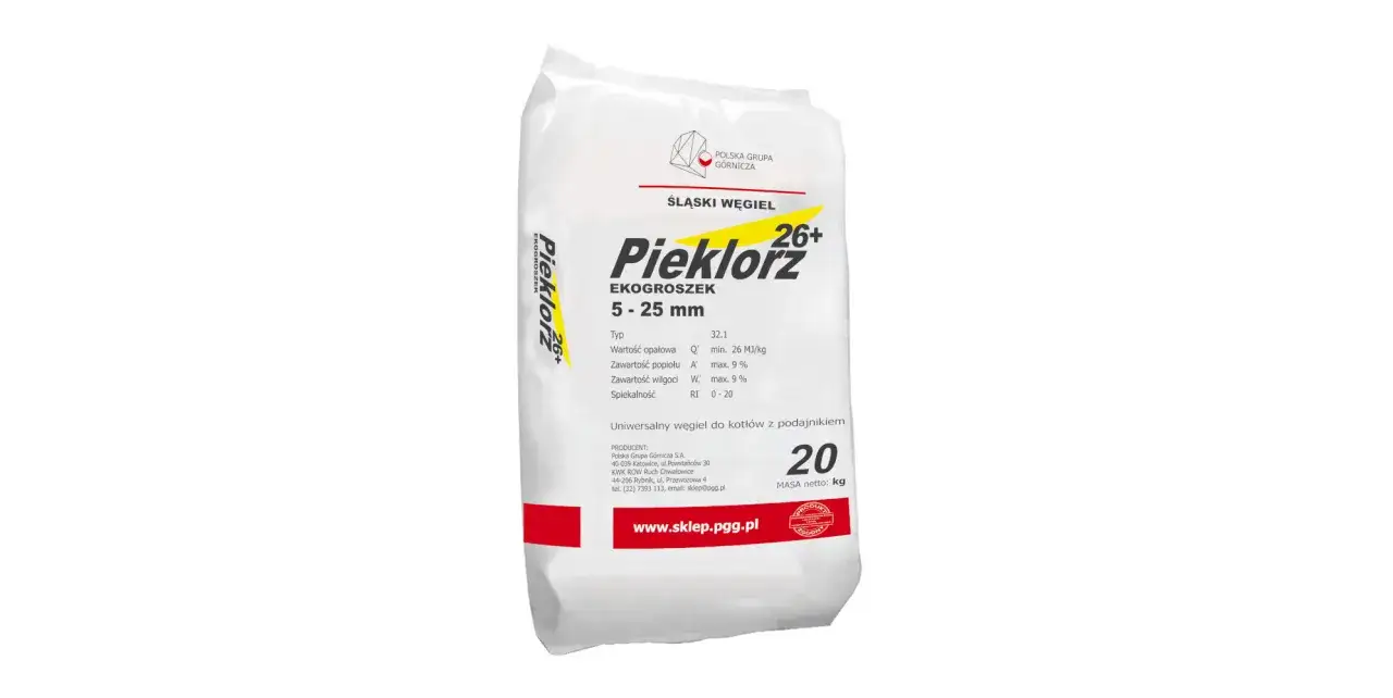 Worek ekogroszku Pieklorz 26+ od PGG, uniwersalny węgiel do kotłów z podajnikiem, 20 kg.