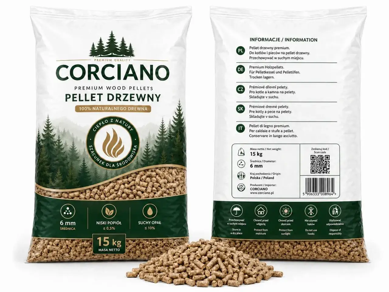 Opakowanie pelletu drzewnego CORCIANO 15 kg. Dowiedz się, ile kosztuje pellet i jak go przechowywać.
