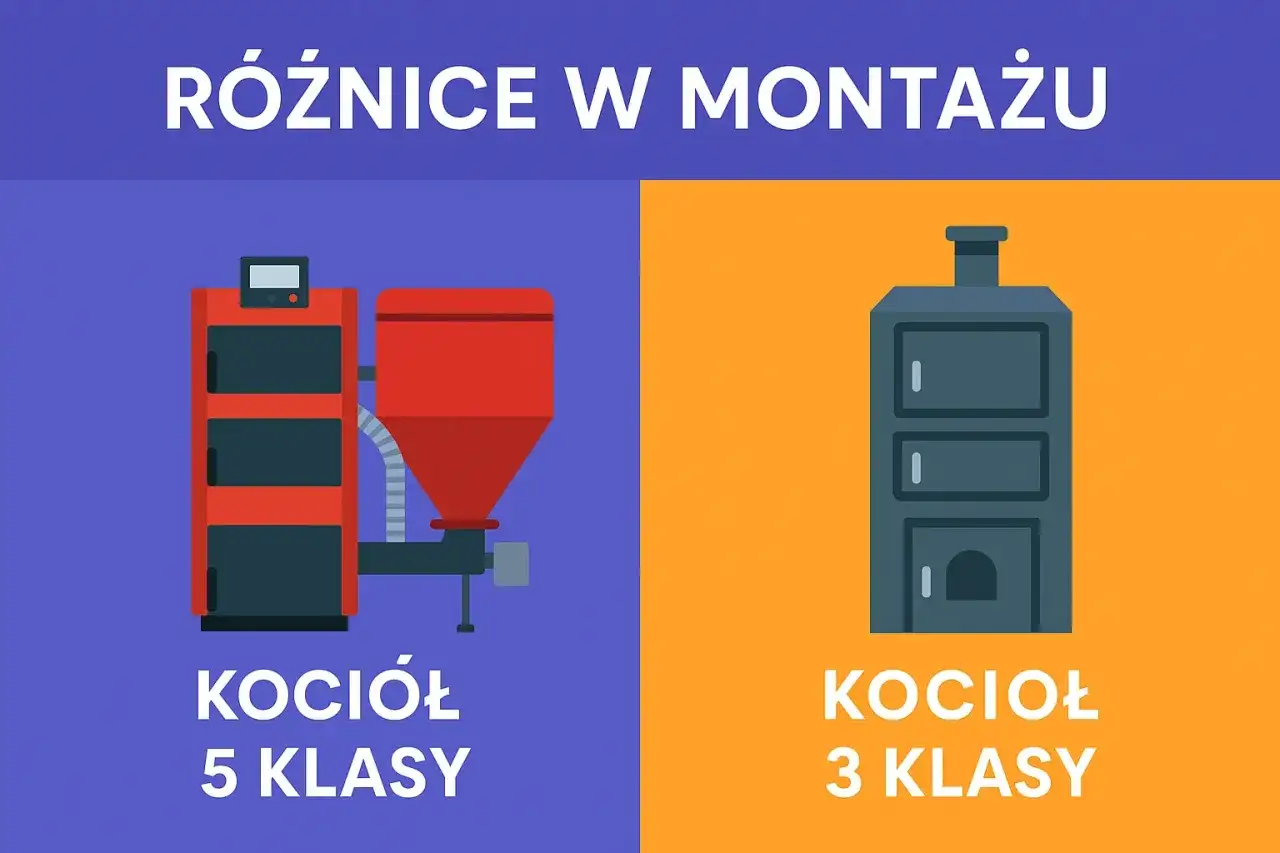 Kocioł 5 klasy z podajnikiem i zasobnikiem obok kotła 3 klasy. Różnice w montażu.