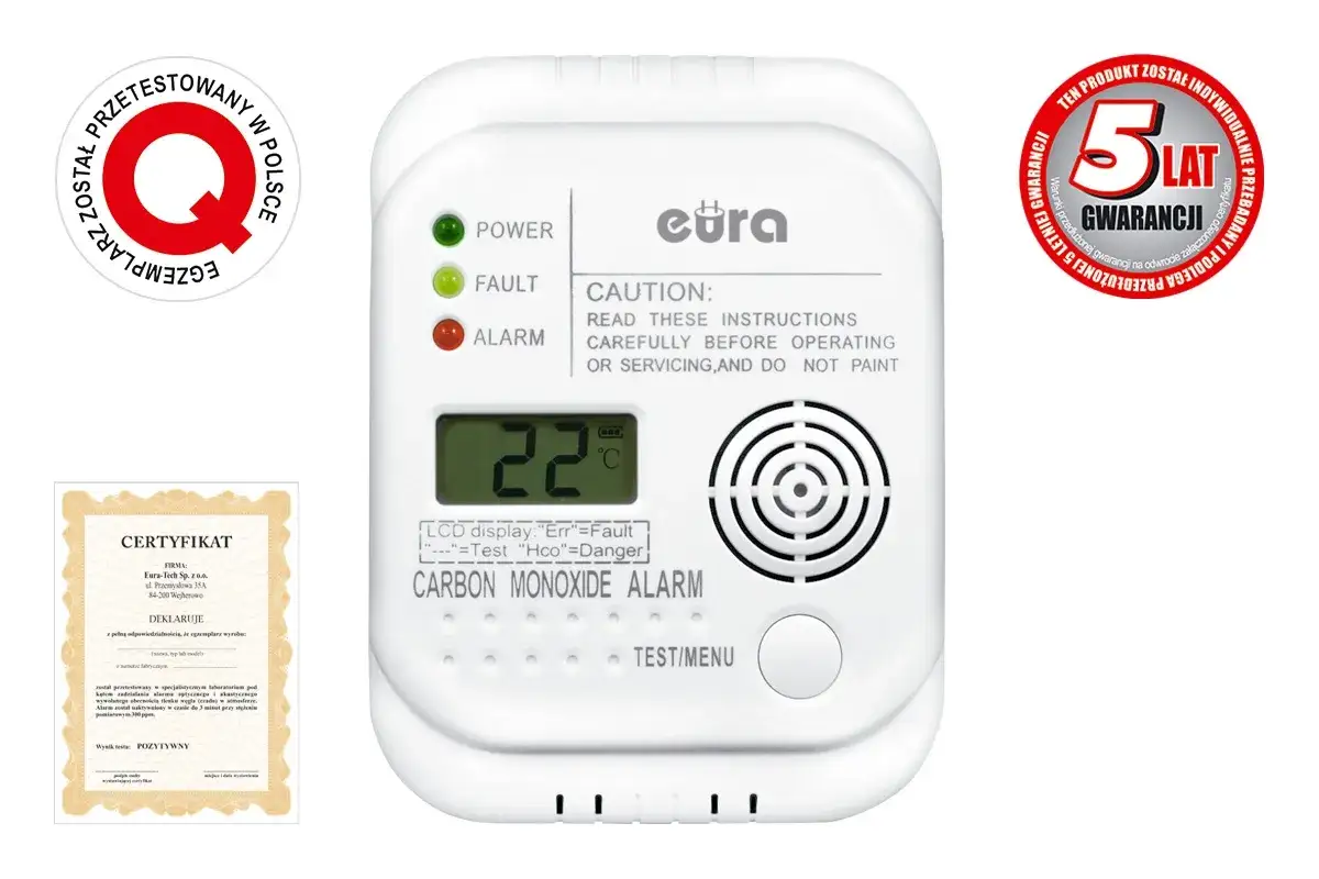 Wybierając czujniki czadu, zwróć uwagę na certyfikaty i 5-letnią gwarancję. Detektor Eura z wyświetlaczem LCD.