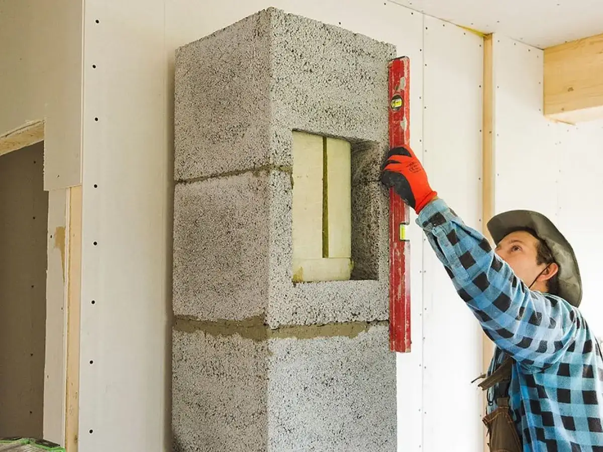 Budowa komina z bloczków betonowych. Mężczyzna w rękawicach sprawdza pionem, jak założyć komin.