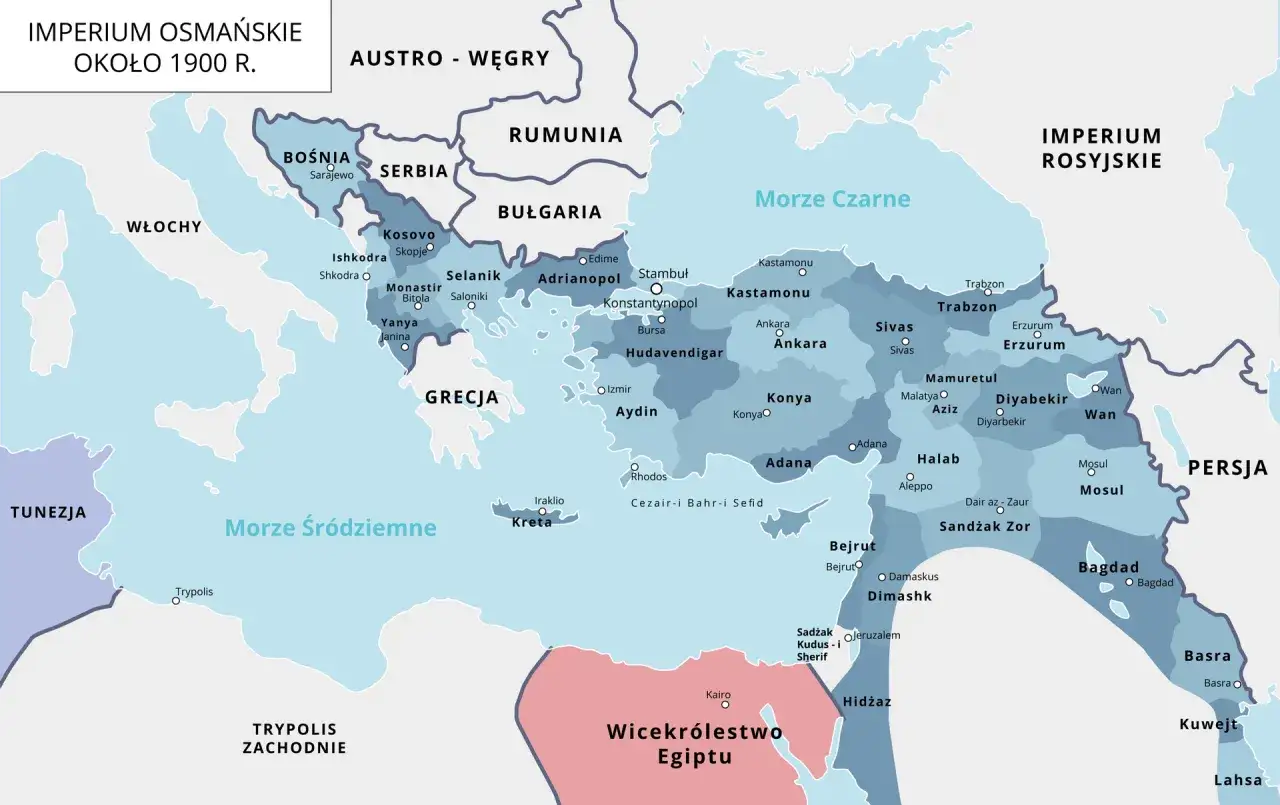Mapa Imperium Osmańskiego około 1900 r. pokazuje jego rozległe terytoria, od Bałkanów po Bliski Wschód. Kocioł bałkański, co to? To obszar pełen napięć i konfliktów.