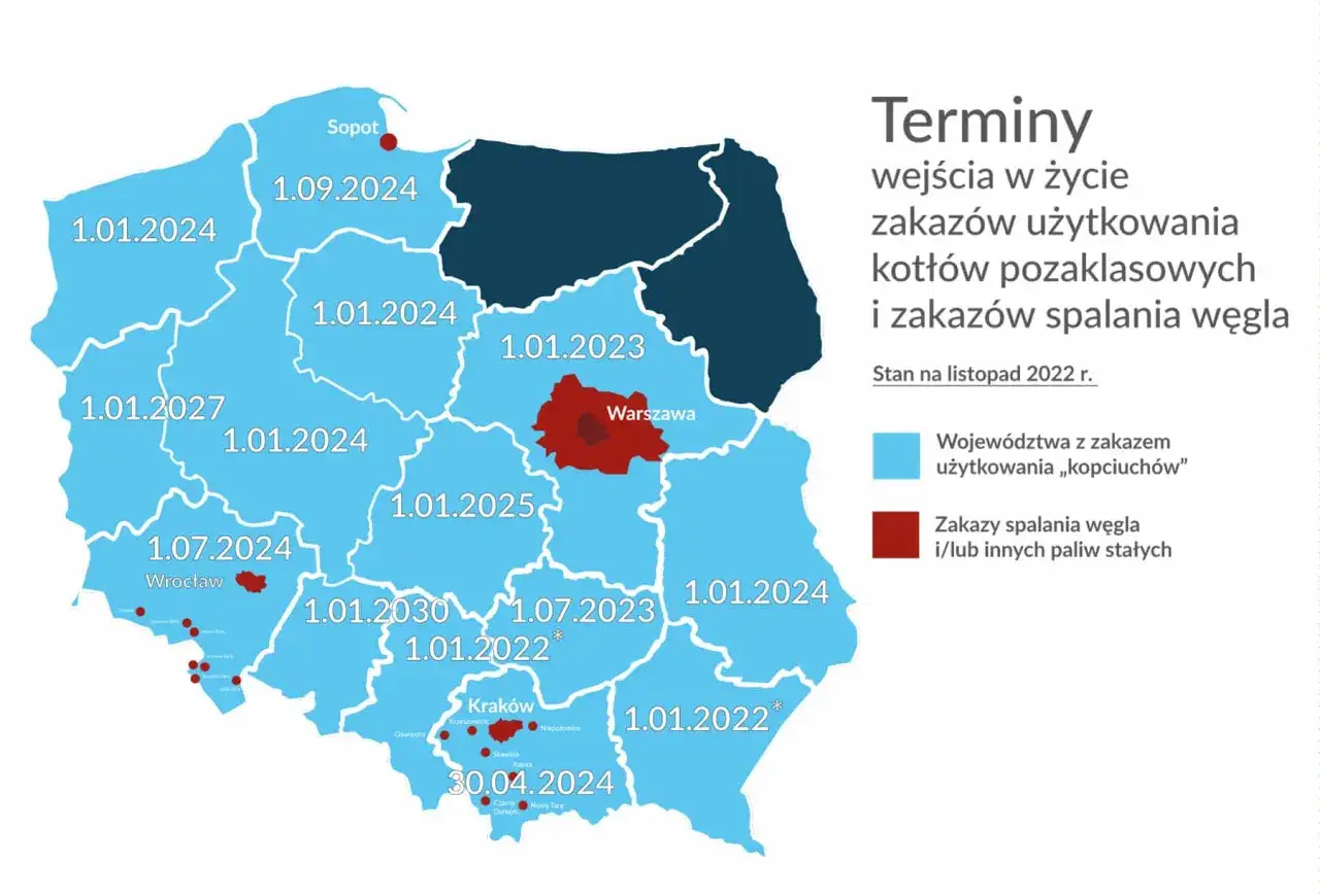 Mapa Polski z datami zakazu używania kotłów pozaklasowych i spalania węgla. 4 klasa kotła oznacza, że zakazy wchodzą w życie stopniowo.