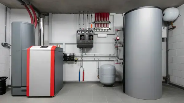 Nowoczesna kotłownia z kotłem 50 kW, zasobnikiem ciepłej wody i rozdzielaczem ogrzewania podłogowego.
